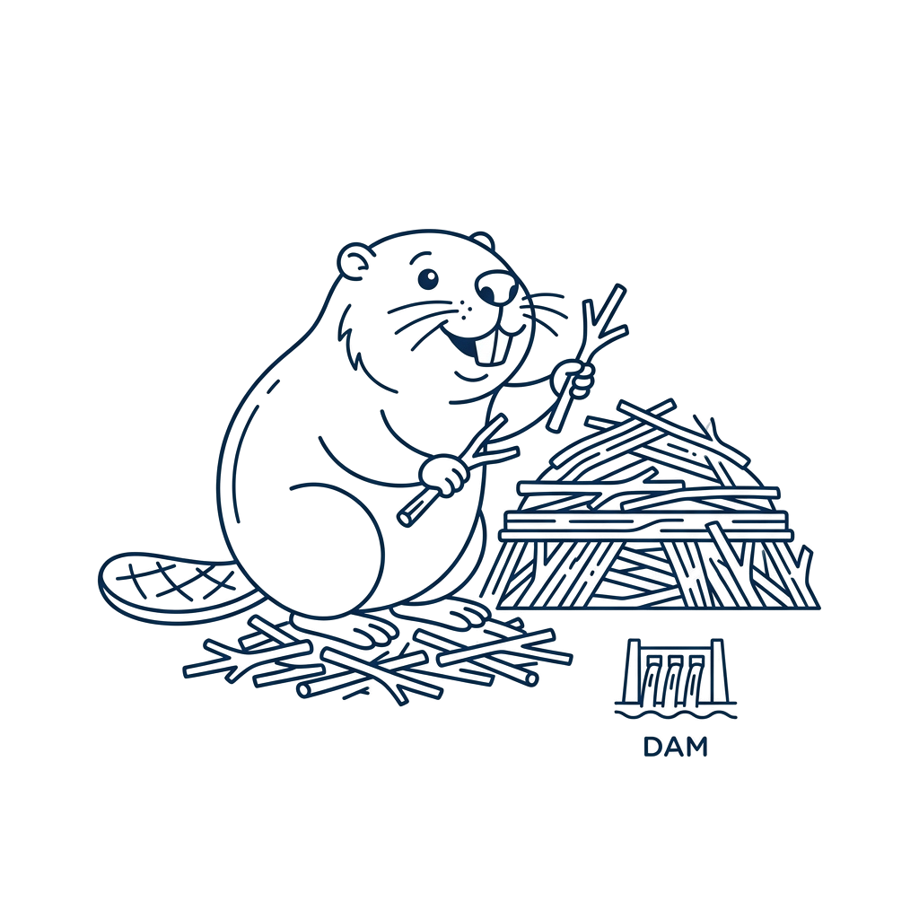 A cartoon beaver holding a branch next to a pile of wood and a small dam structure