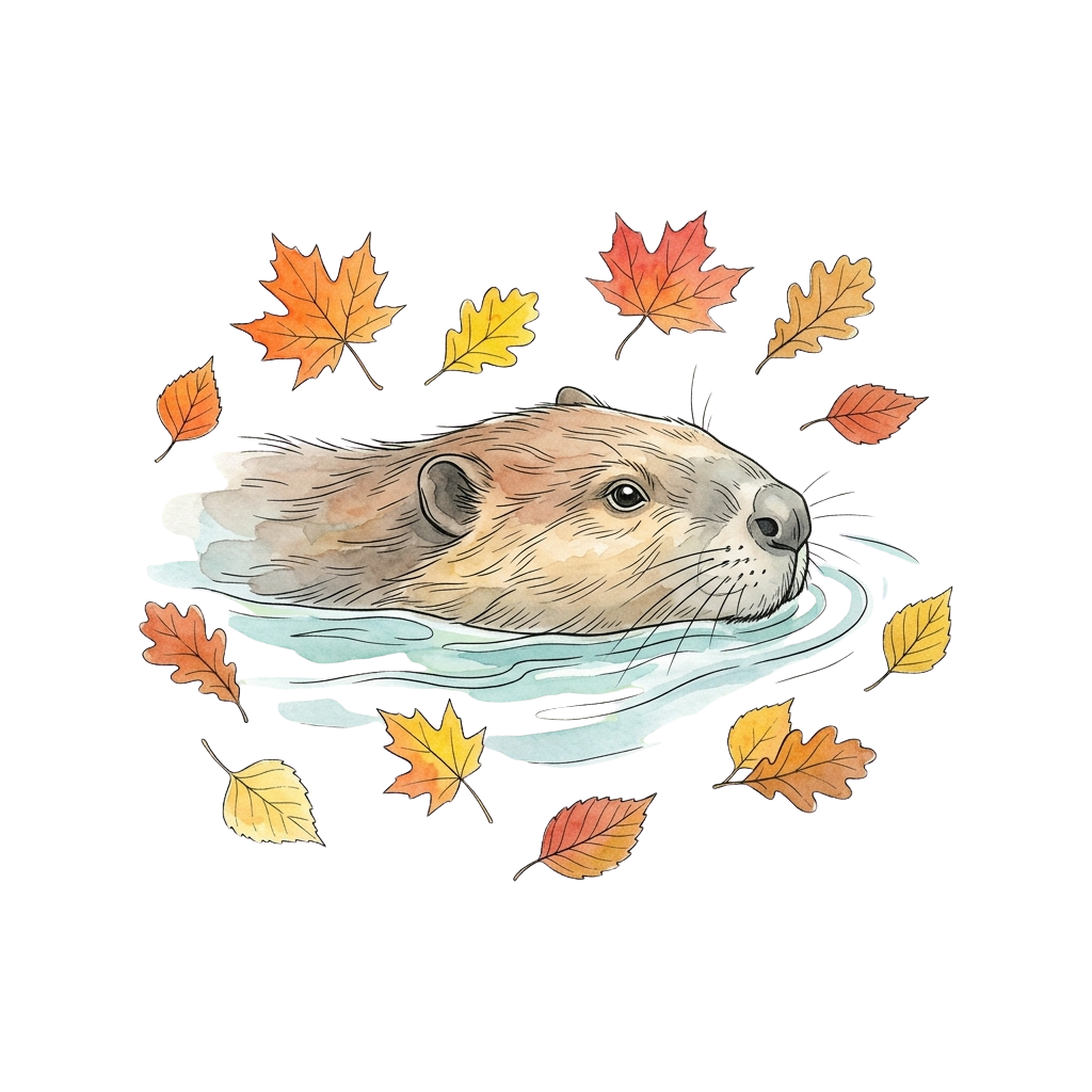A stylized otter swimming in water surrounded by colorful autumn leaves