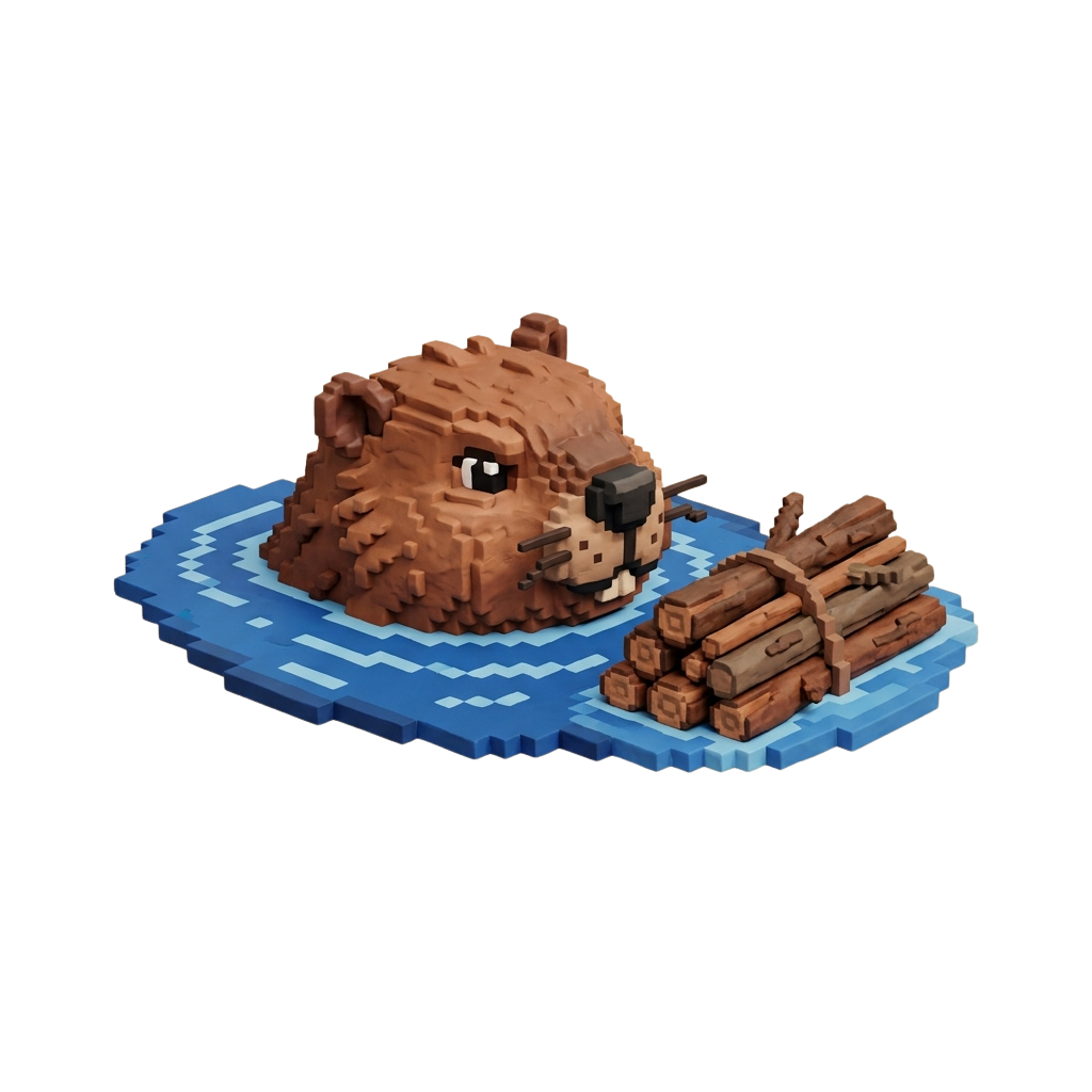 A pixelated brown bear sitting on a blue floating platform with logs nearby