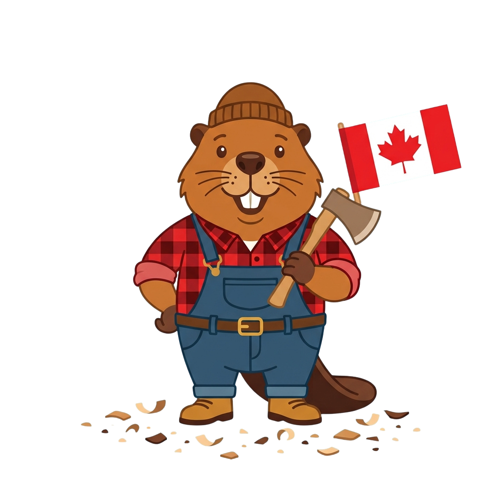 A smiling cartoon beaver dressed as a lumberjack holding a Canadian flag and an axe