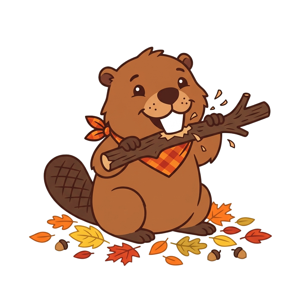 A cheerful cartoon beaver holding a wooden stick like a musical instrument with autumn leaves around