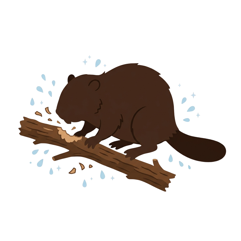 A cartoon beaver sitting on a branch during rain with falling droplets and stars in the background
