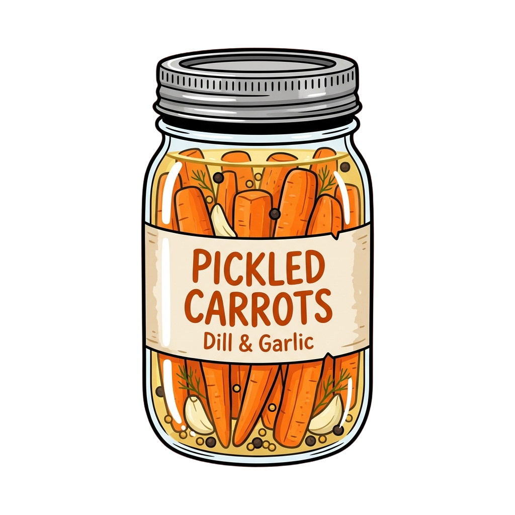 Illustration of a jar filled with pickled carrots, dill, and garlic cloves
