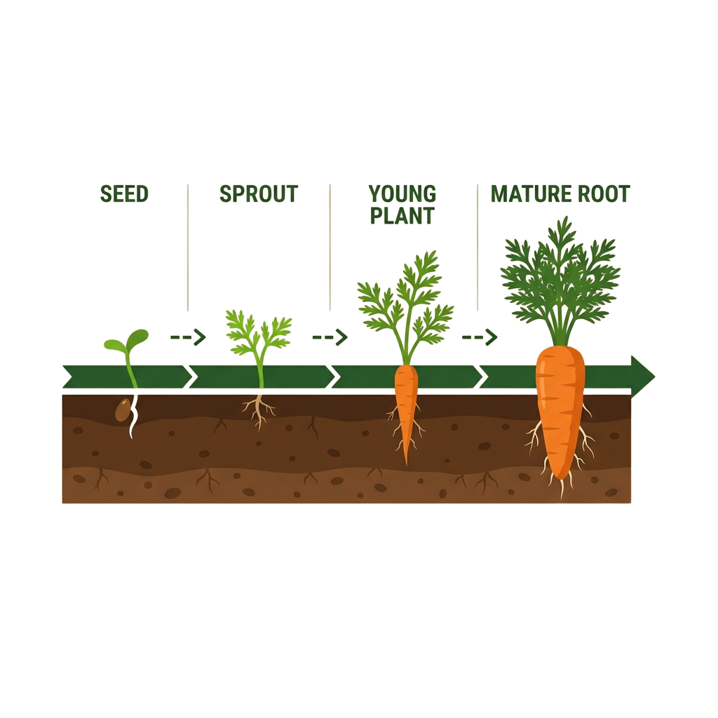 Illustration showing carrot growth stages: seed, sprout, young plant, and mature root in soil