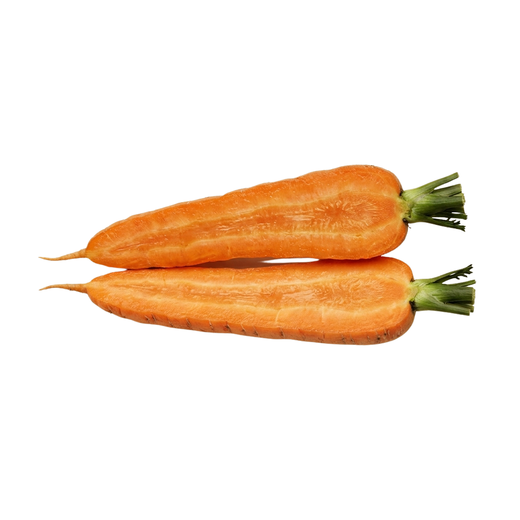 Two whole fresh carrots with green leafy tops on a black background