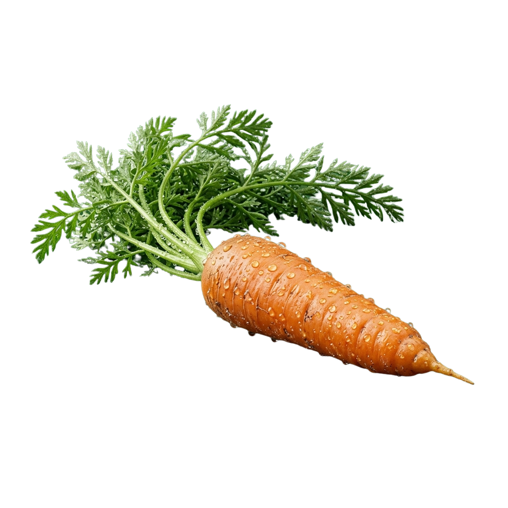 A fresh carrot with green leafy tops and water droplets on a black background