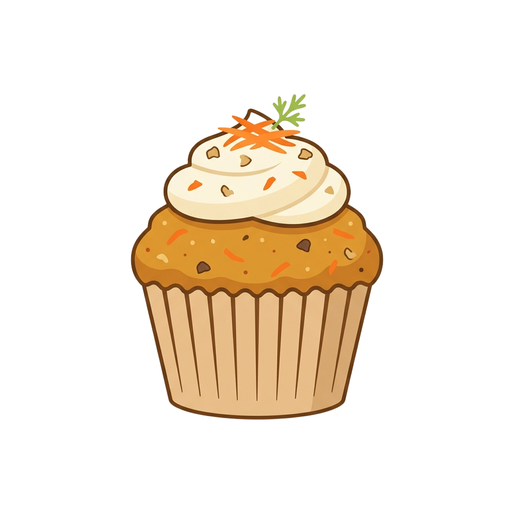 A cupcake topped with cream cheese frosting and carrot decorations including a carrot slice and green leaf garnish