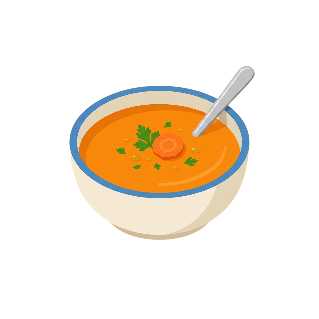 A white bowl with blue trim filled with tomato soup garnished with herbs and a slice of tomato, accompanied by a spoon.