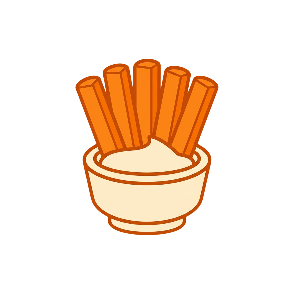 Five orange fries in a small white paper bowl with brown rim