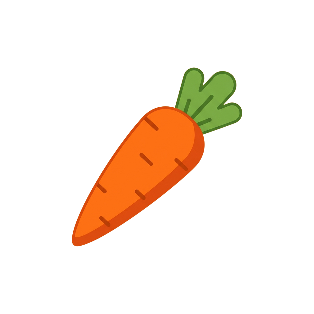 Illustration of a bright orange carrot with green leafy top against a black background
