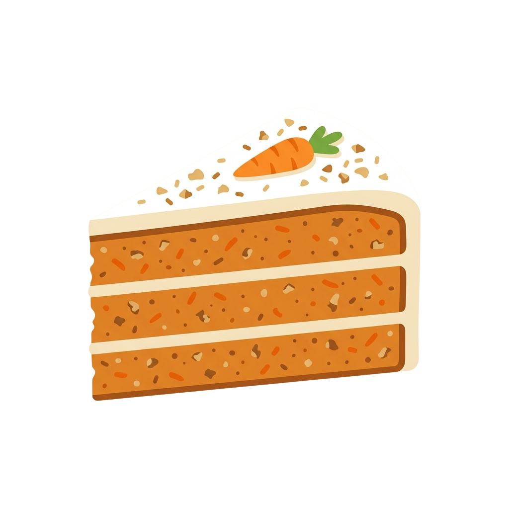 A slice of carrot cake with orange layers, cream cheese frosting, and a carrot decoration on top.