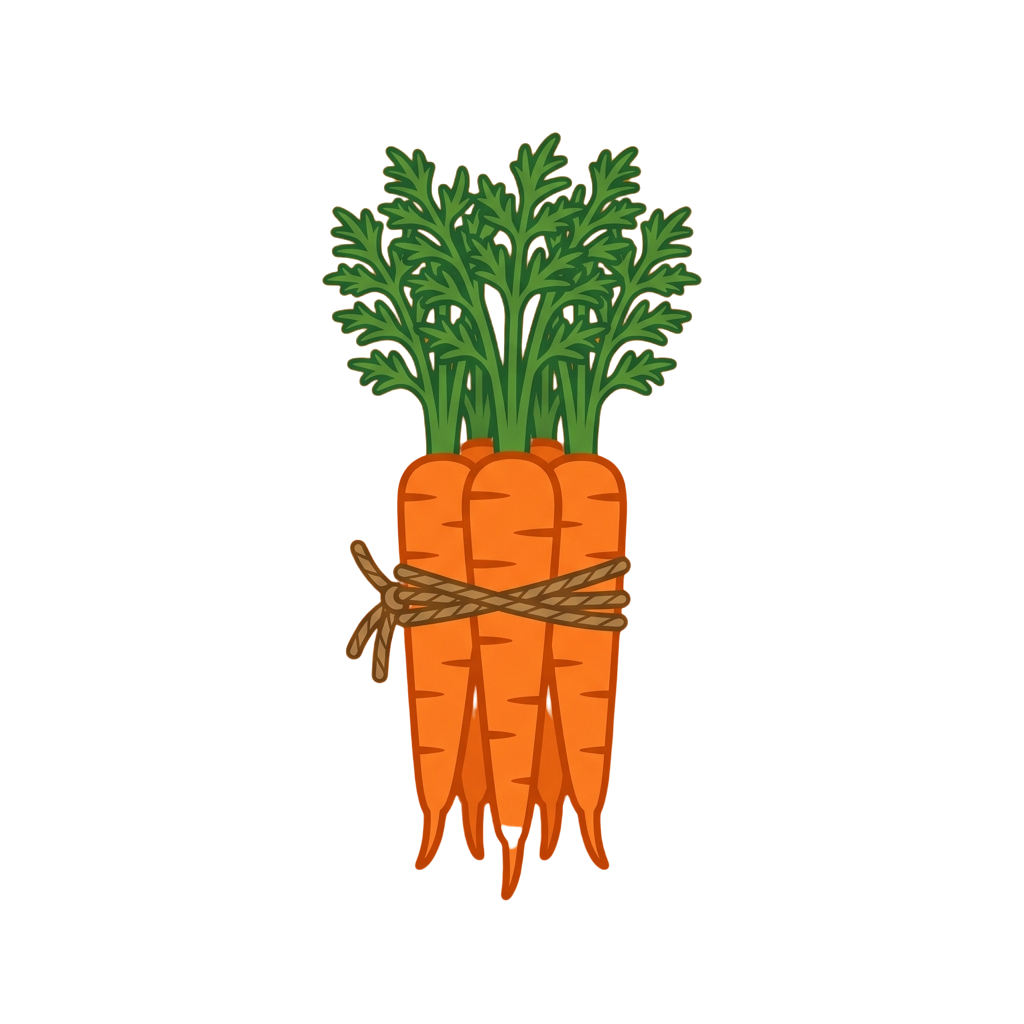 Three bright orange carrots with green tops tied together with twine