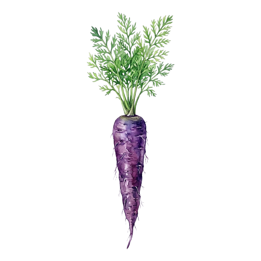 A purple carrot with green leafy tops standing upright against a black background
