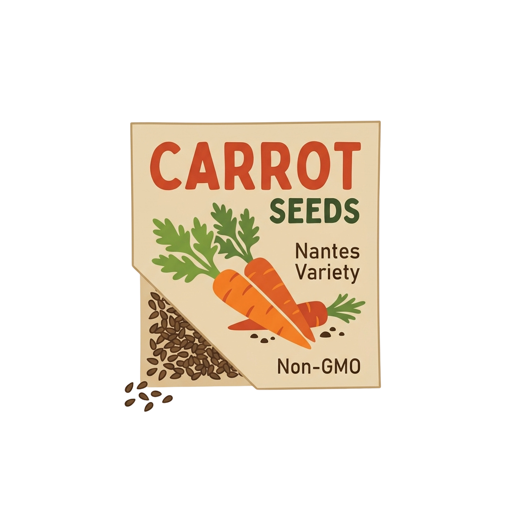 Package of carrot seeds labeled Nantes variety, non-GMO, with images of carrots and seeds.