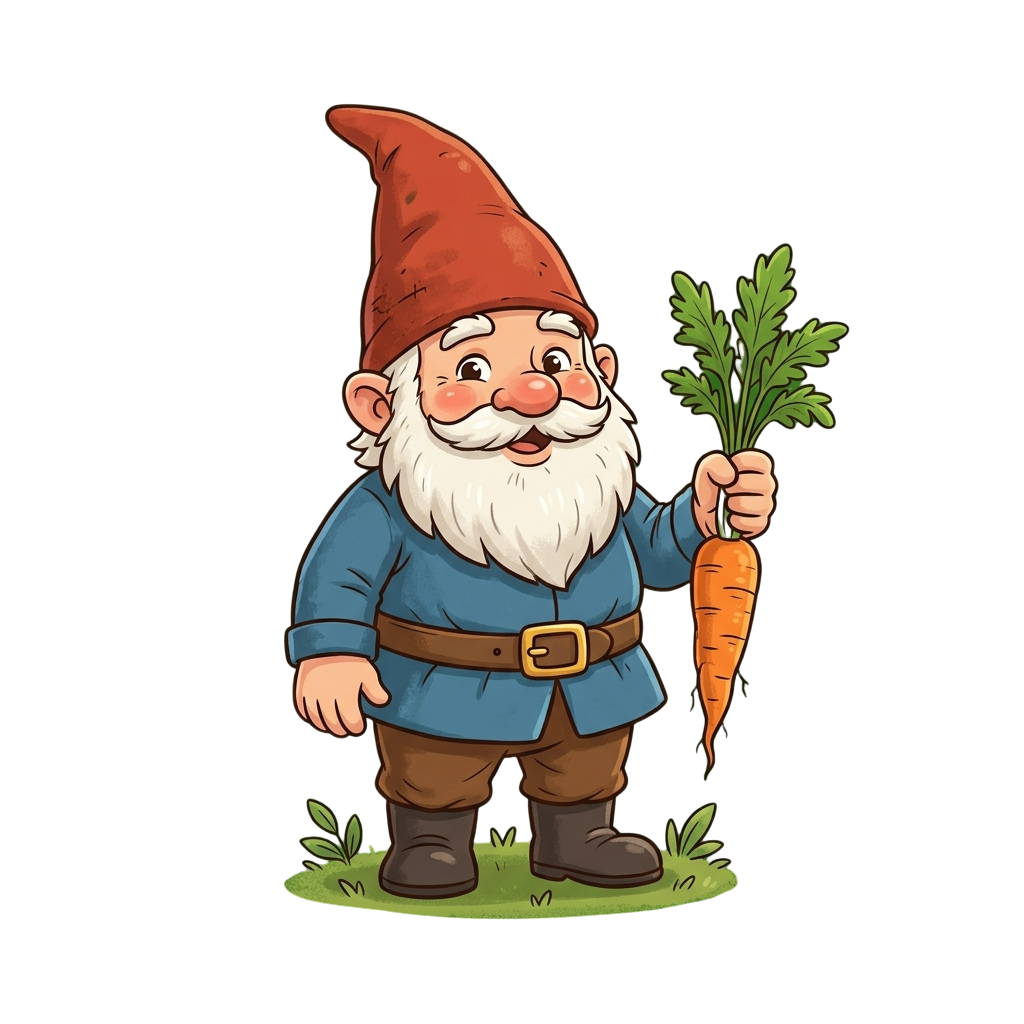 A cheerful gnome with a red hat and white beard holding a carrot with green leaves