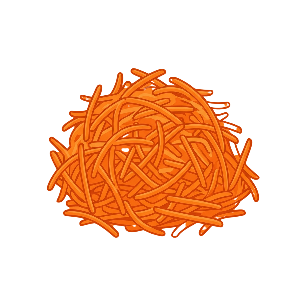 A cluster of bright orange spiral noodles tangled together on a black background