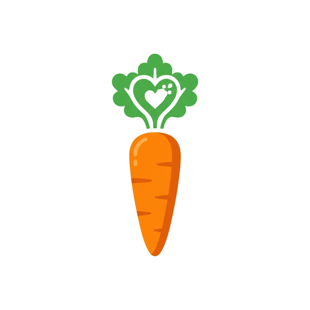 A cheerful orange carrot with green leafy top and a white heart in the leaves