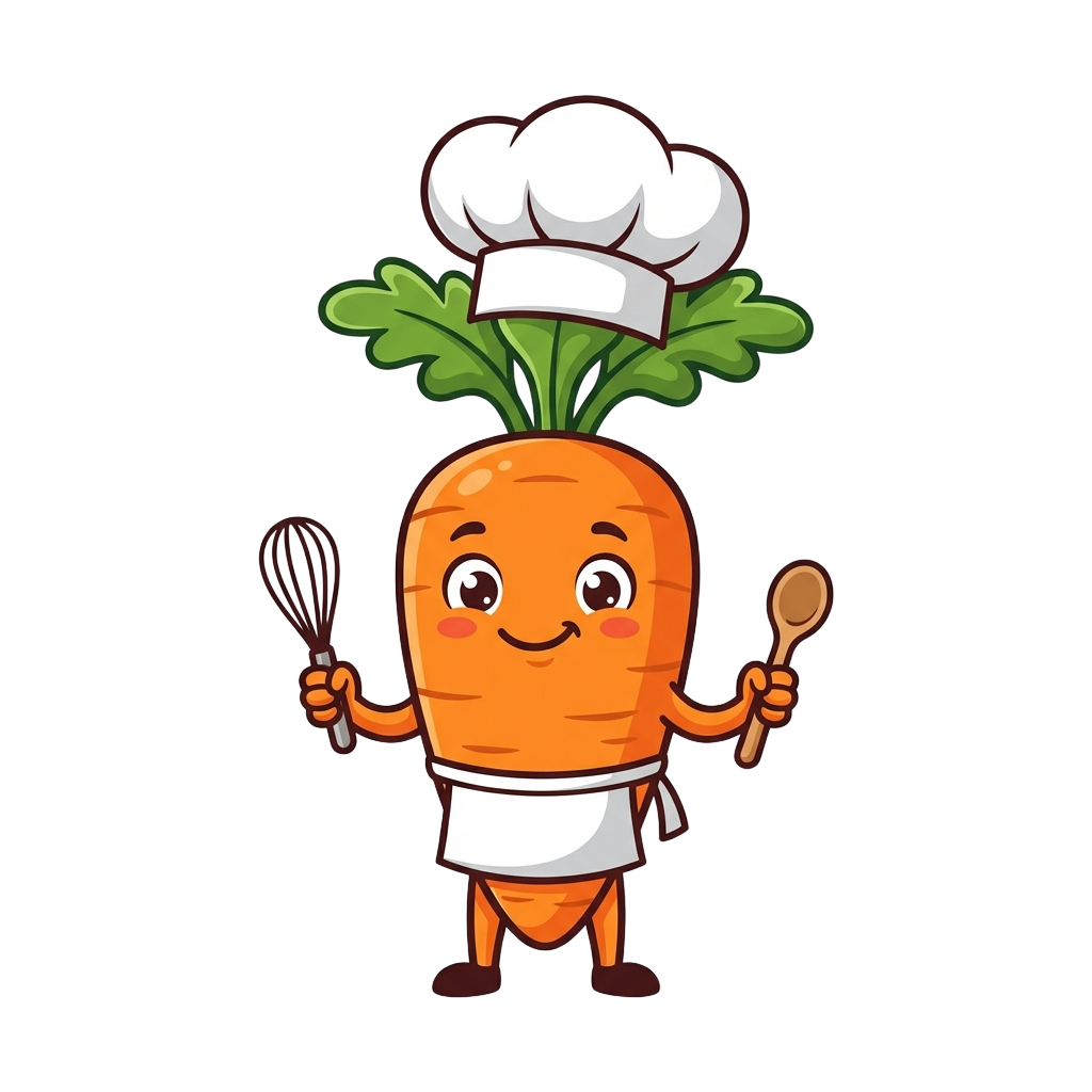 A smiling cartoon carrot wearing a chef hat and apron, holding a whisk and spoon