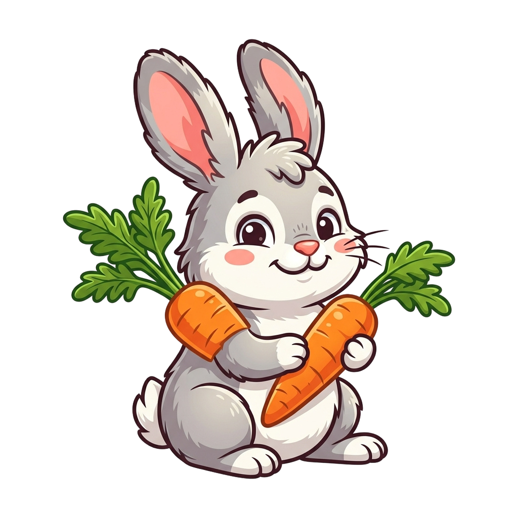 A friendly cartoon rabbit sitting and holding an orange carrot and green parsley bunch