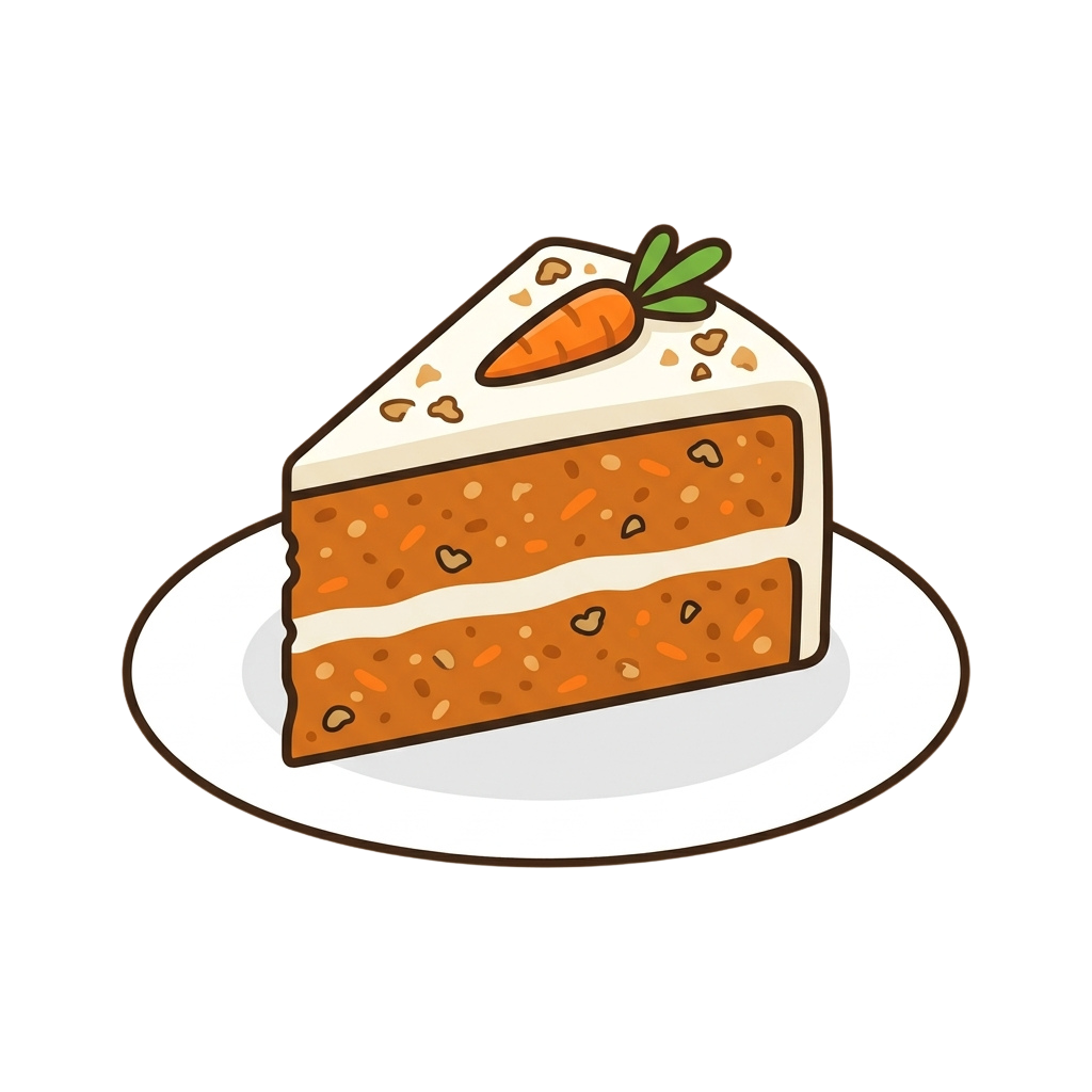A slice of carrot cake with orange swirl and cream cheese frosting topped with a carrot decoration on a white plate