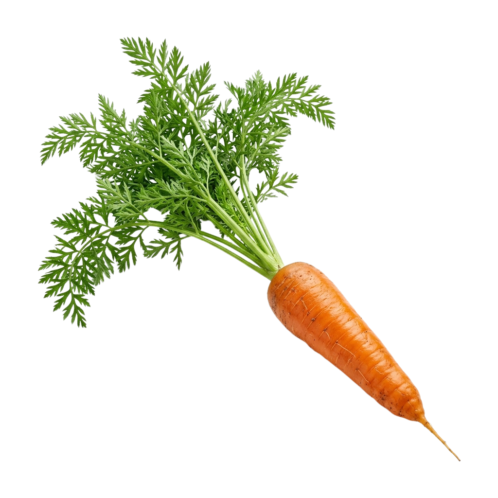 A whole fresh carrot with its green leafy tops attached against a black background