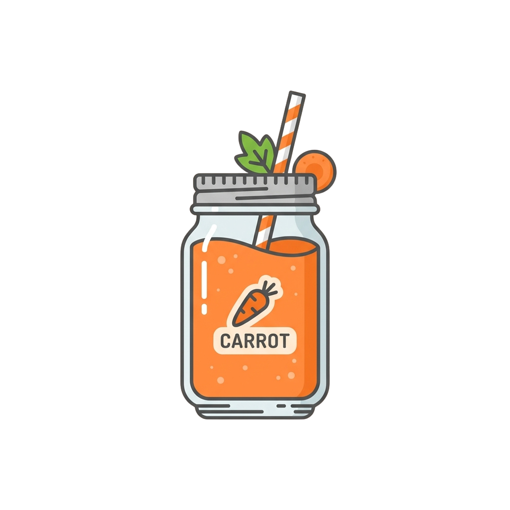 Mason jar filled with orange carrot juice, a carrot graphic on the jar, and a striped straw with a carrot garnish
