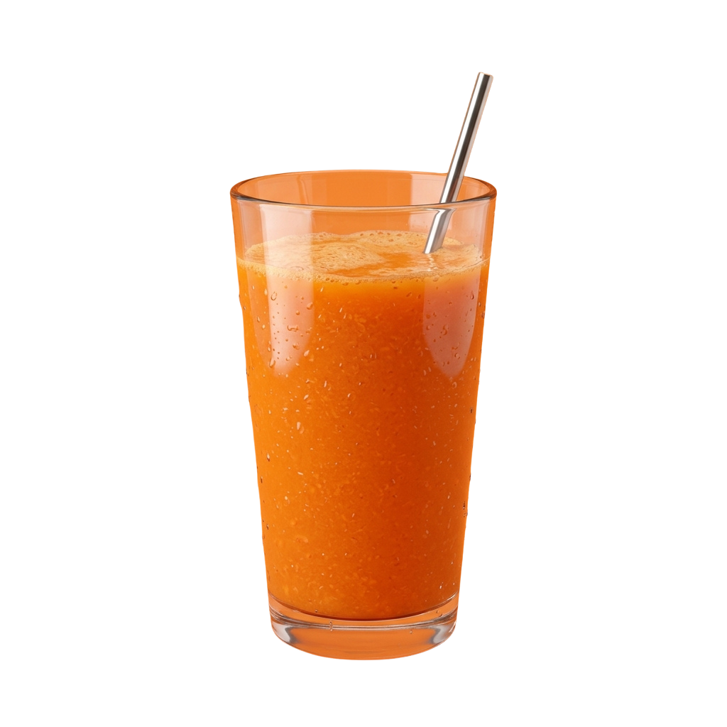 A tall glass filled with frothy orange carrot juice and a metal straw