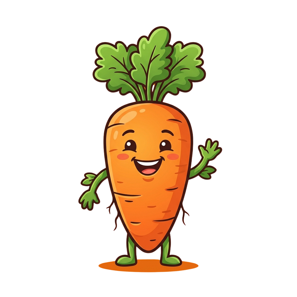 Animated smiling carrot with green leafy top waving one arm in a friendly manner