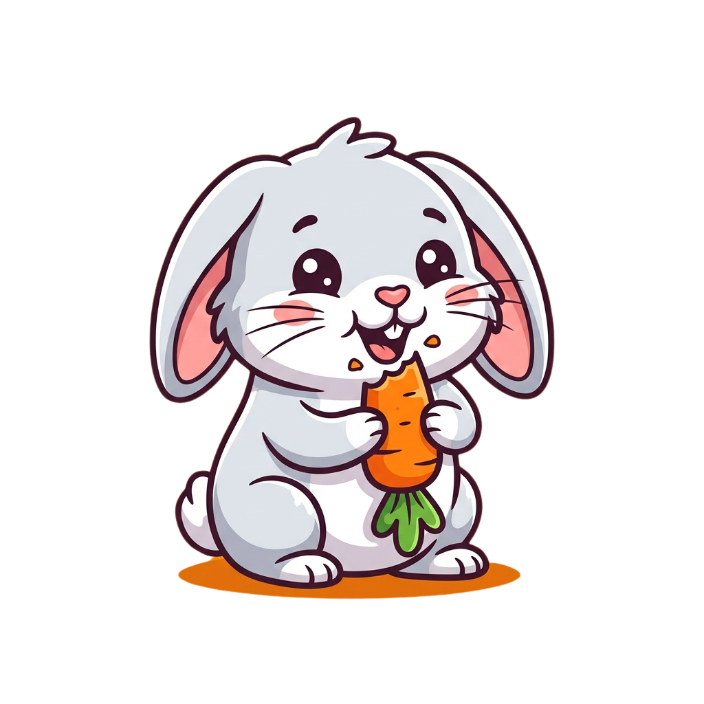 A cheerful cartoon rabbit holding and eating a carrot.