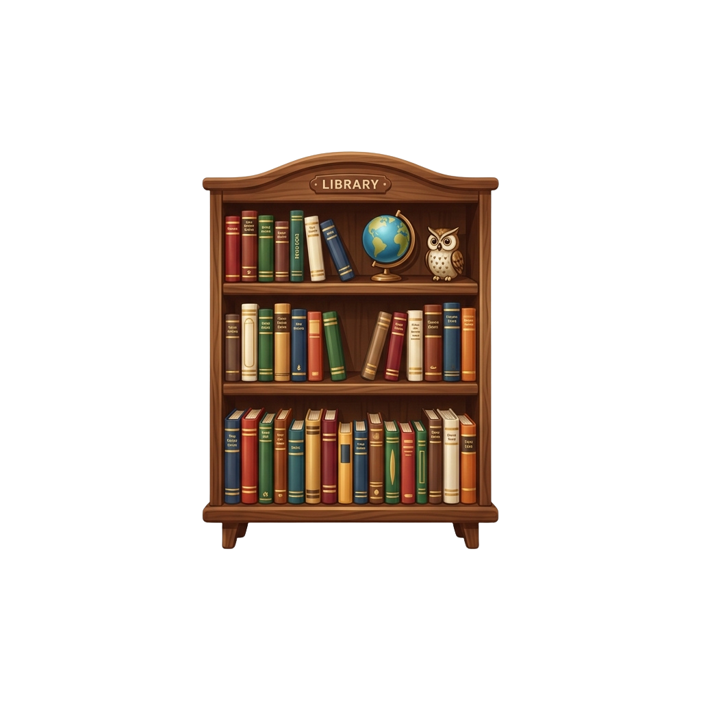 A wooden bookshelf labeled Library with colorful books, a globe, and an owl figurine on top
