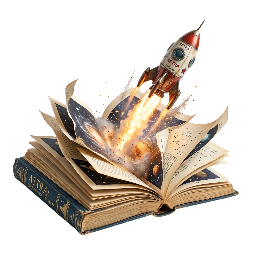 An open book with a rocket launching from its pages, surrounded by fiery explosion and stars.