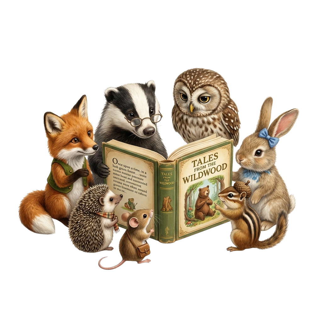 Group of cartoon woodland animals gathered around an open book titled Tales from the Wildwood