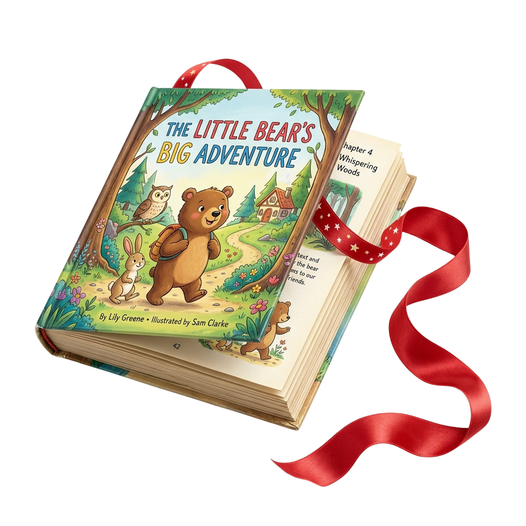 A children's book titled The Little Bear's Big Adventure with a bear character and forest scene on the cover.