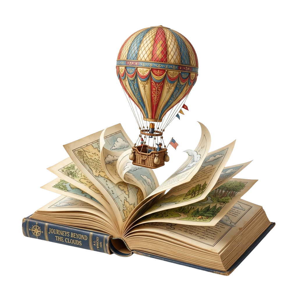 An open book with a detailed pop-up hot air balloon rising from its pages, surrounded by scenic illustrations.