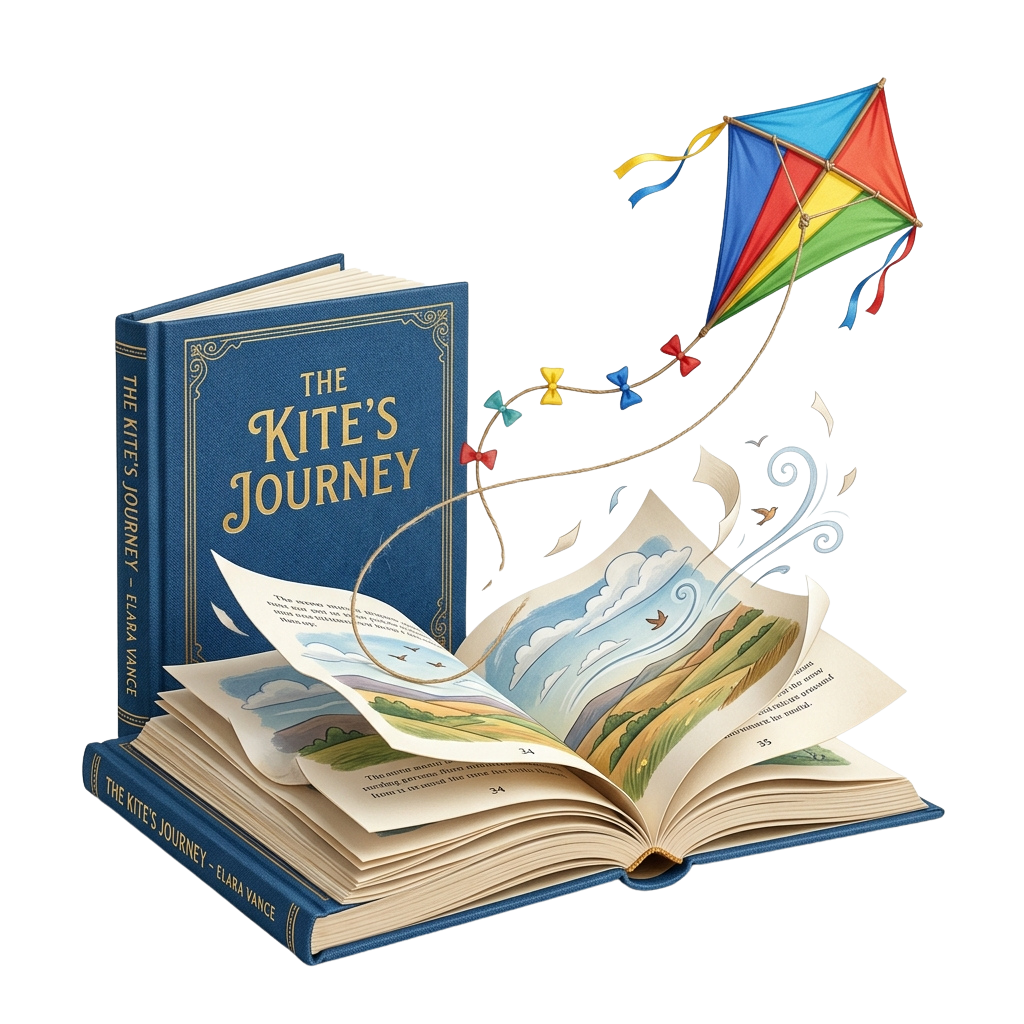 Open book titled The Kite's Journey with a colorful kite flying above it and decorative ribbons.