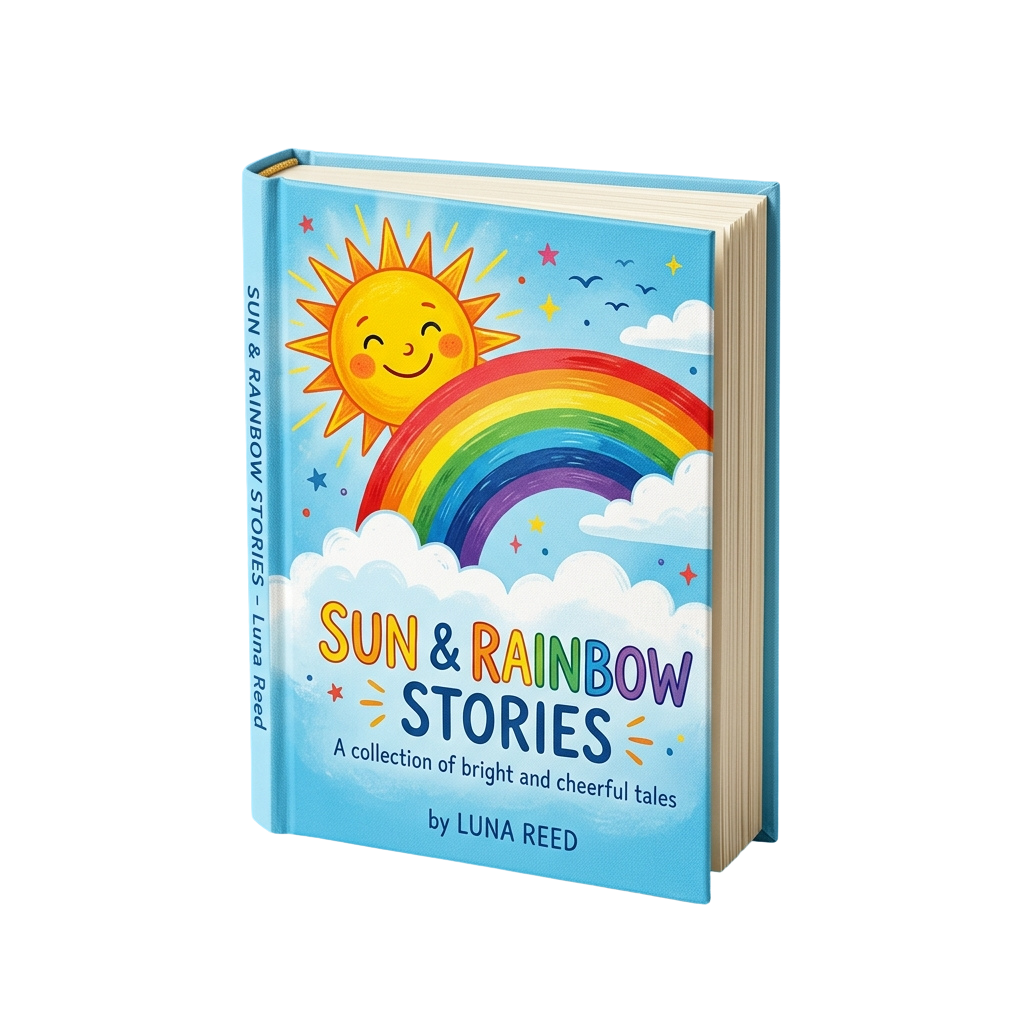 Colorful book cover with smiling sun, rainbow, and clouds titled Sun and Rainbow Stories