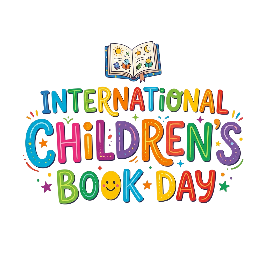 Colorful text celebrating International Children's Book Day with an open book icon