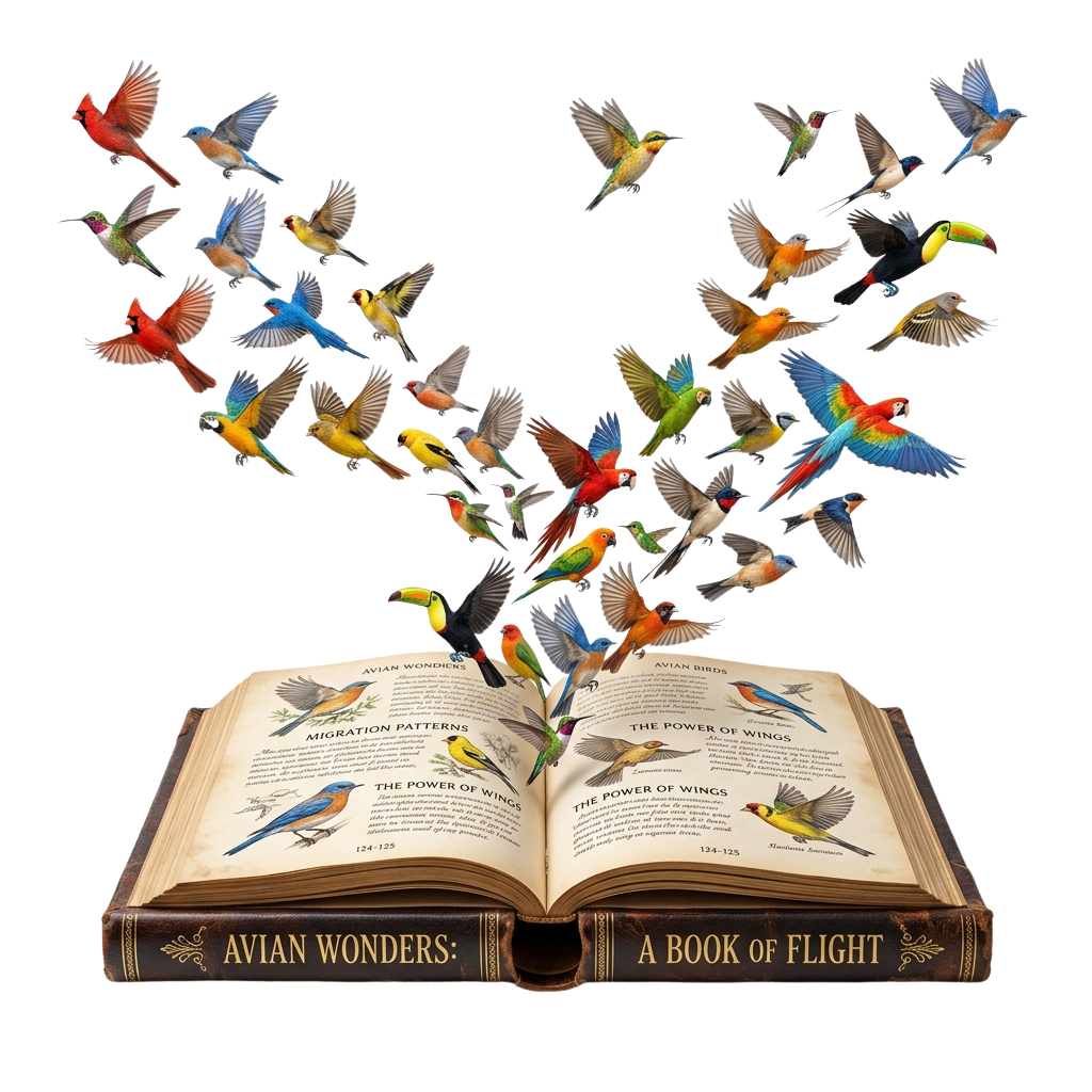 An open book titled Avian Wonders with colorful flying birds emerging from its pages.