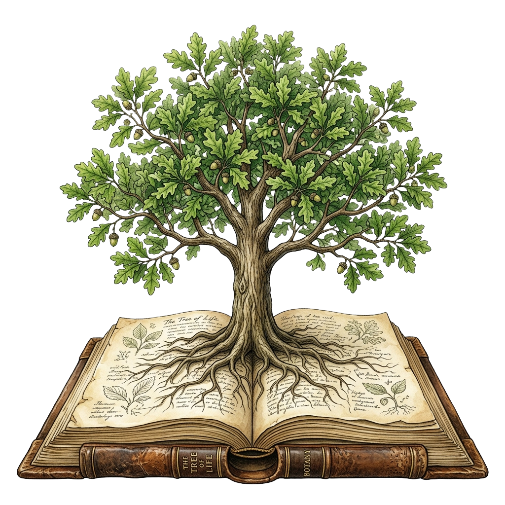 An open book with a tree growing from its pages, symbolizing knowledge and growth.