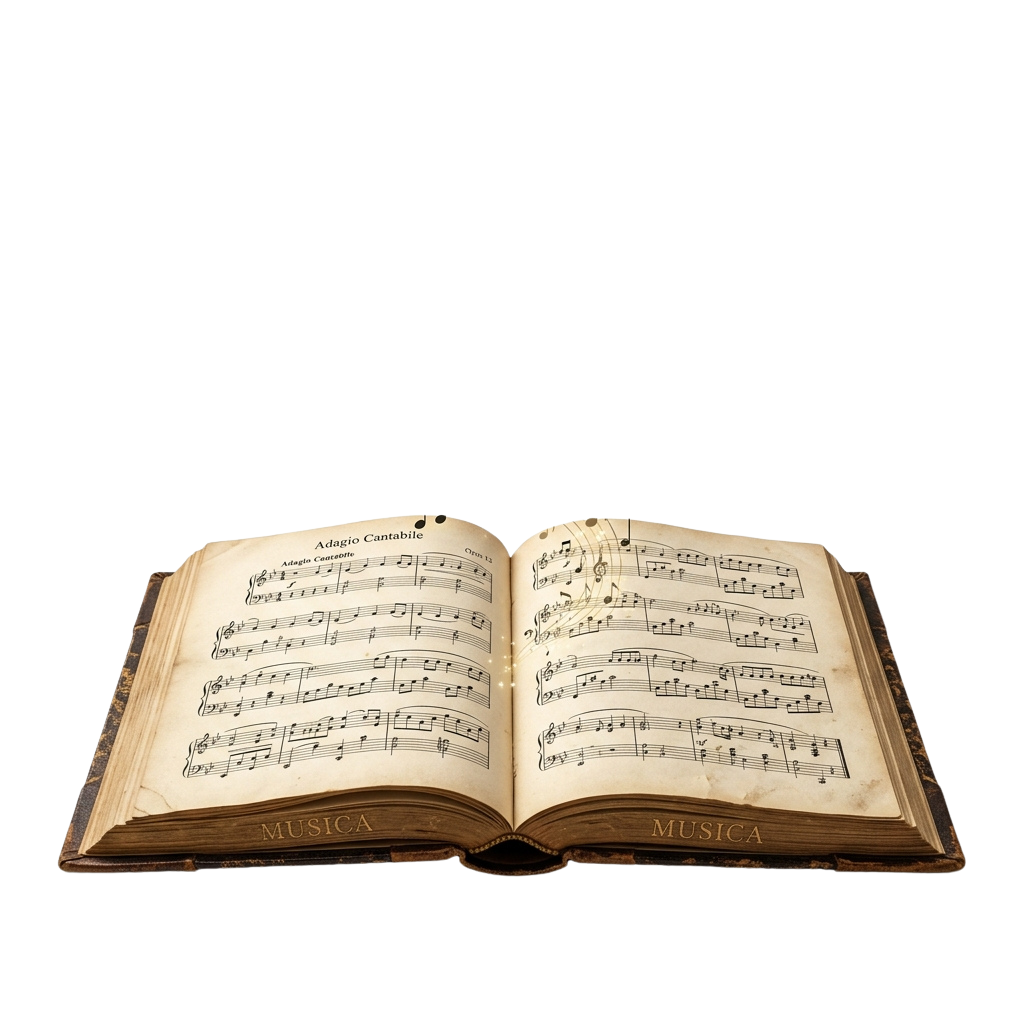 An open vintage sheet music book displaying musical notes on both pages with the word musica visible on the spine.