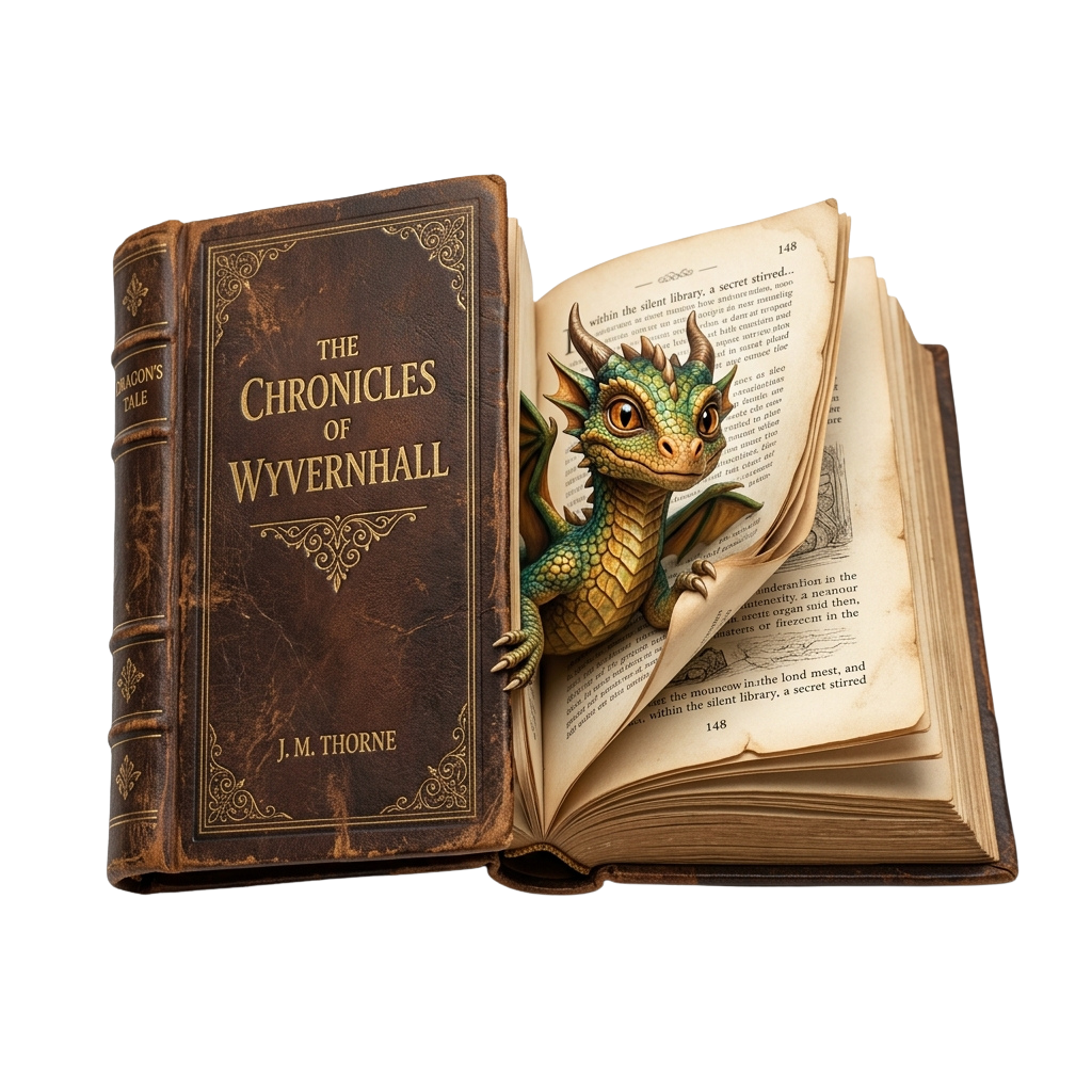 An open fantasy book titled Chronicles of Wyvernhall with a small dragon figurine resting on the page.