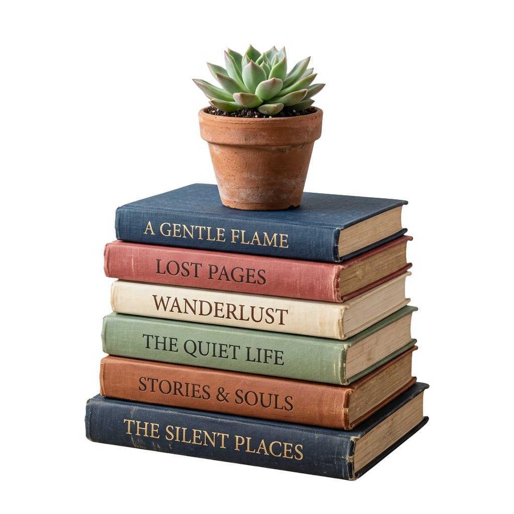 A potted succulent plant on top of six vintage-style books with titles visible.