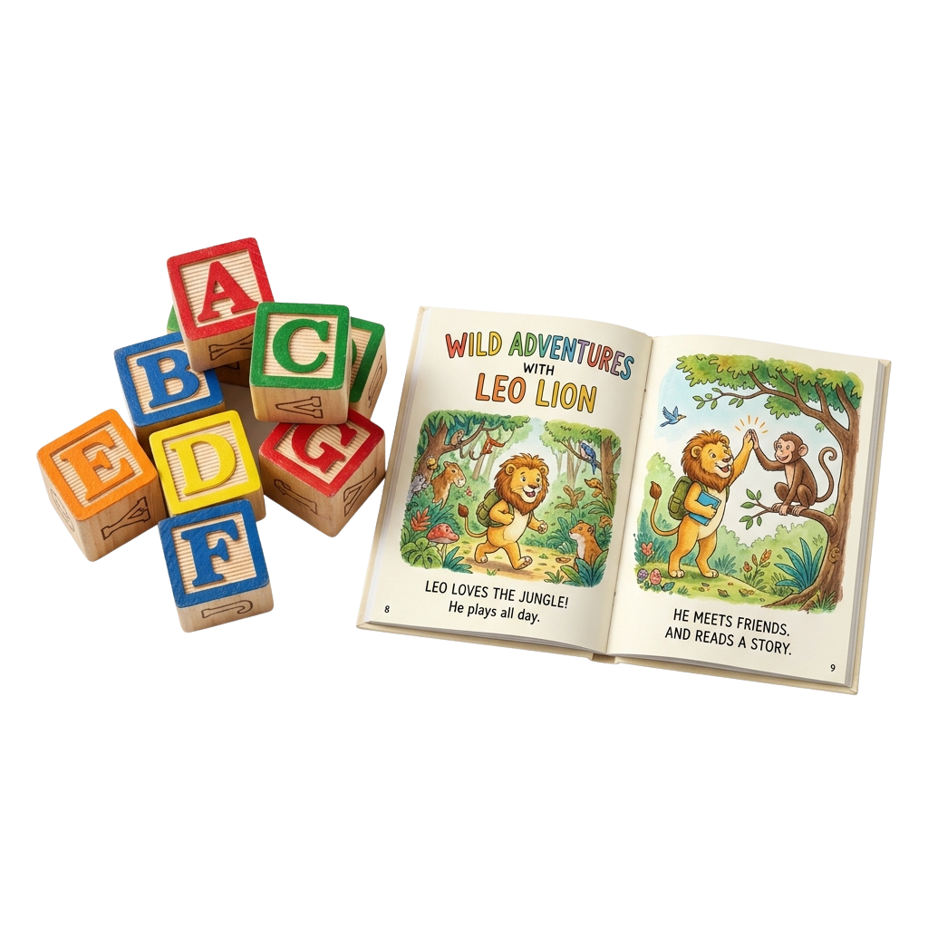 Children's book titled Wild Adventures with Leo Lion open beside colorful wooden ABC blocks spelling B-A-C-E