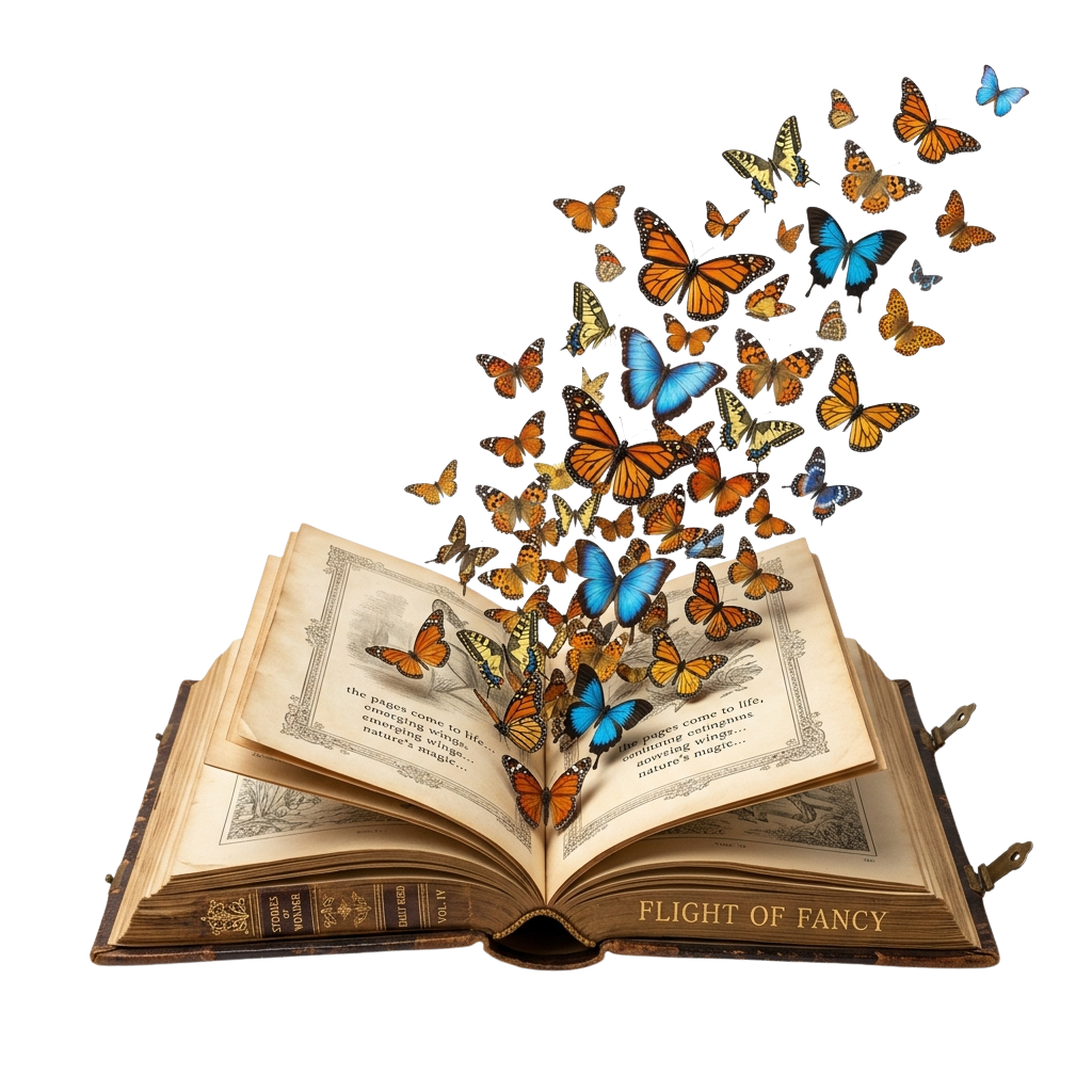 An open book with butterflies emerging from its pages, illustrating creativity and transformation.