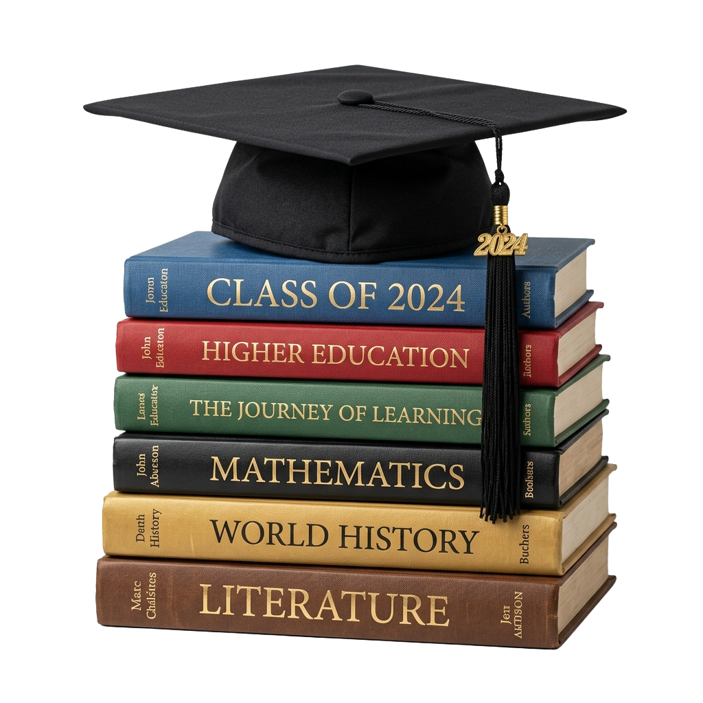 Black graduation cap on a stack of books labeled Class of 2024, Higher Education, Journey of Learning, Mathematics, World History, and Literature