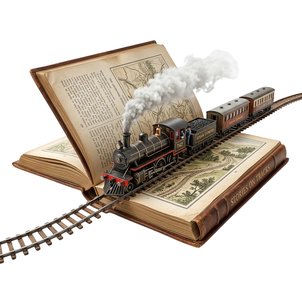 A toy steam train emerging from an open book with tracks on the pages