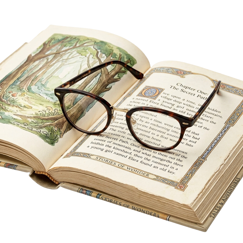 Open vintage book with glasses resting on pages showing an illustrated forest scene and text from a chapter titled Secret Path