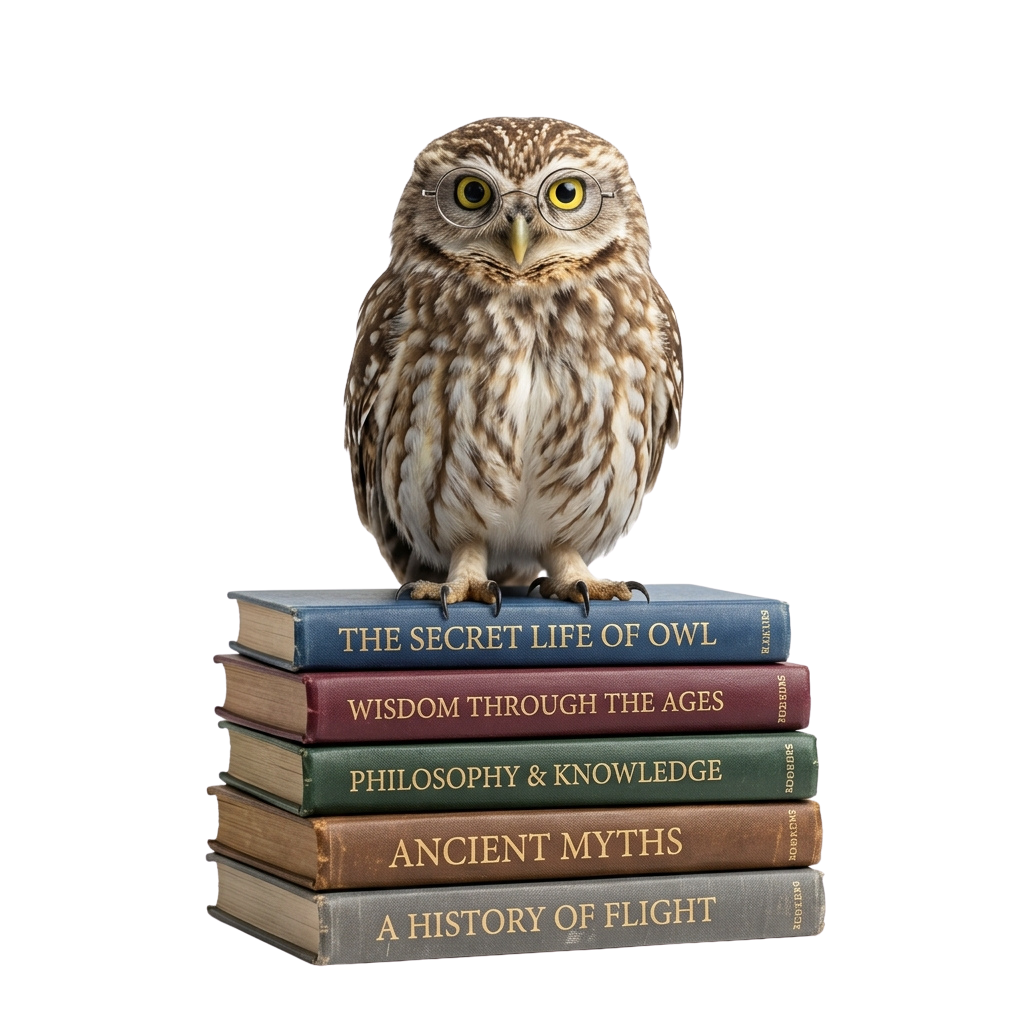 An owl wearing glasses perched atop a stack of books with colorful spines.