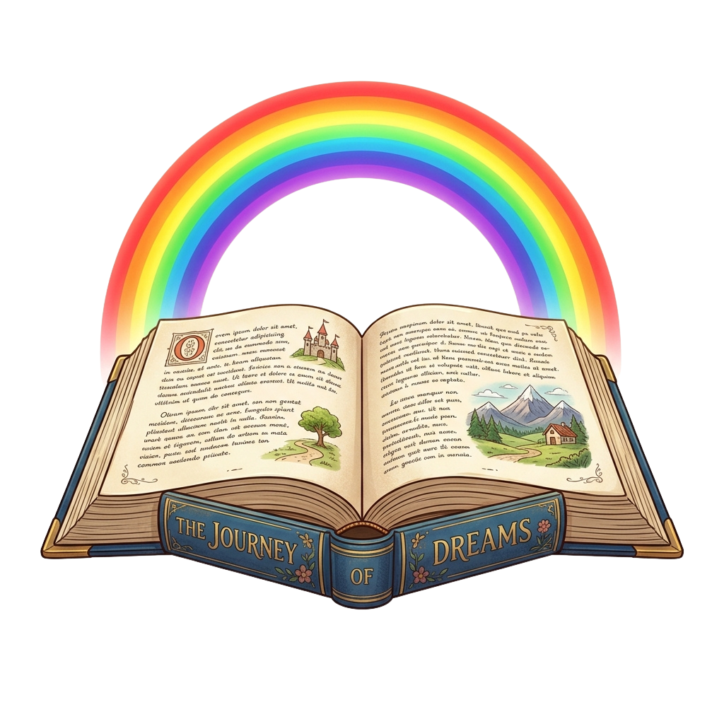An open book titled Journey of Dreams under a vibrant rainbow with illustrated pages showing text and scenic landscapes