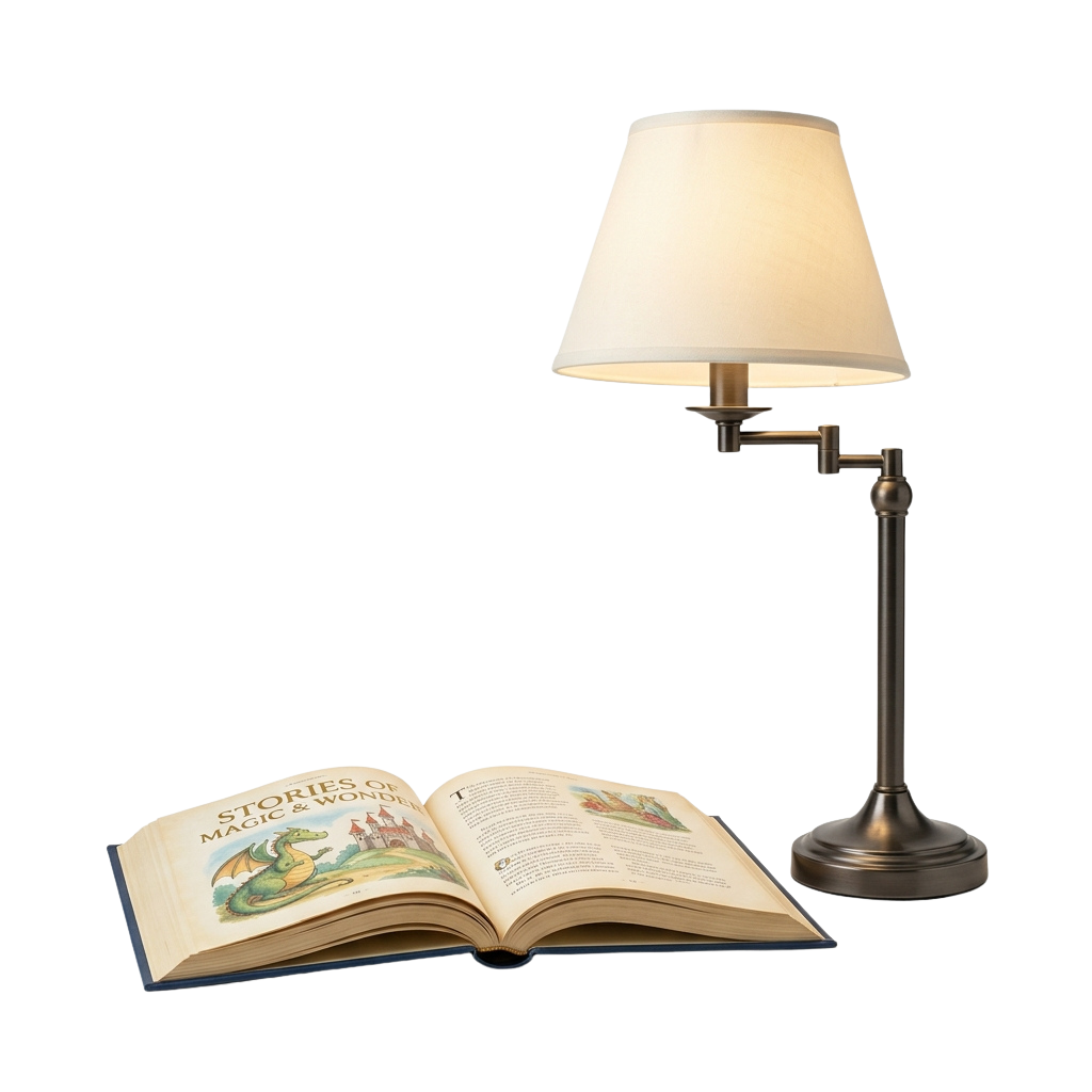An open book titled Stories of Magic and Wonder next to a wall-mounted reading lamp with a white shade
